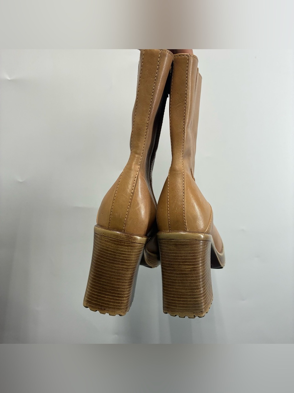 Vintage 90s Steve Madden 6.5 6 1/2 LIZIE Leather Chunky Heel Platform Boots Tan - Picture 5 of 12